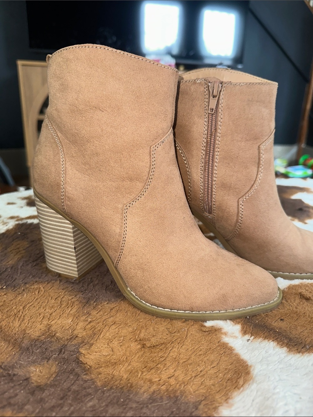 Express Tan Suede Stacked Block Heel Ankle Booties